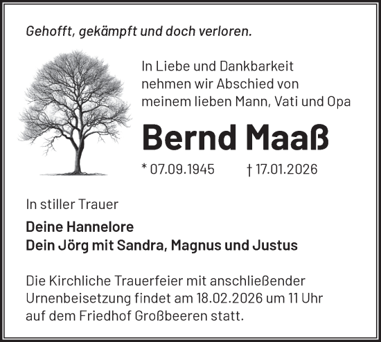 Traueranzeige von Bernd Maaß von Blickpunkt Ludwigsfelde/Zossen