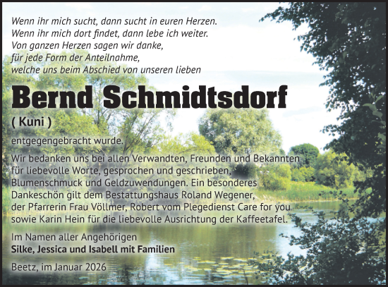 Traueranzeige von Bernd Schmidtsdorf von Märkische Oderzeitung