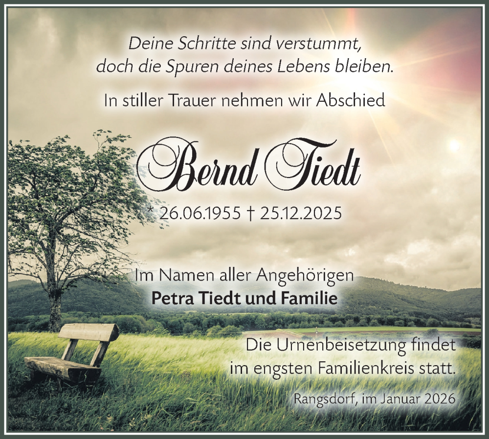  Traueranzeige für Bernd Tiedt vom 07.02.2026 aus Blickpunkt Ludwigsfelde/Zossen