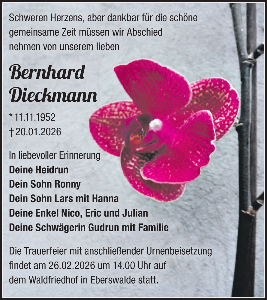  Traueranzeige für Bernhard Dieckmann vom 07.02.2026 aus Märkische Oderzeitung