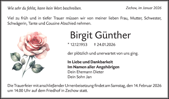 Traueranzeige von Birgit Günther von Märkische Oderzeitung