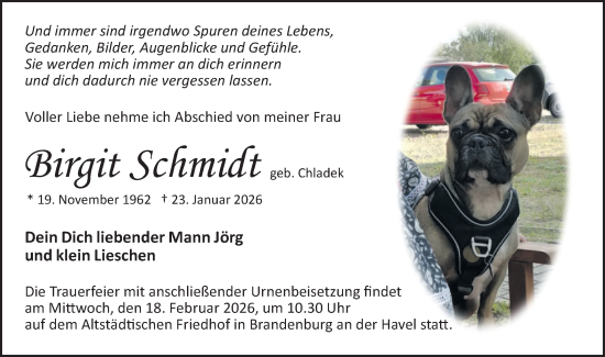 Traueranzeige von Birgit Schmidt von Märkische Oderzeitung