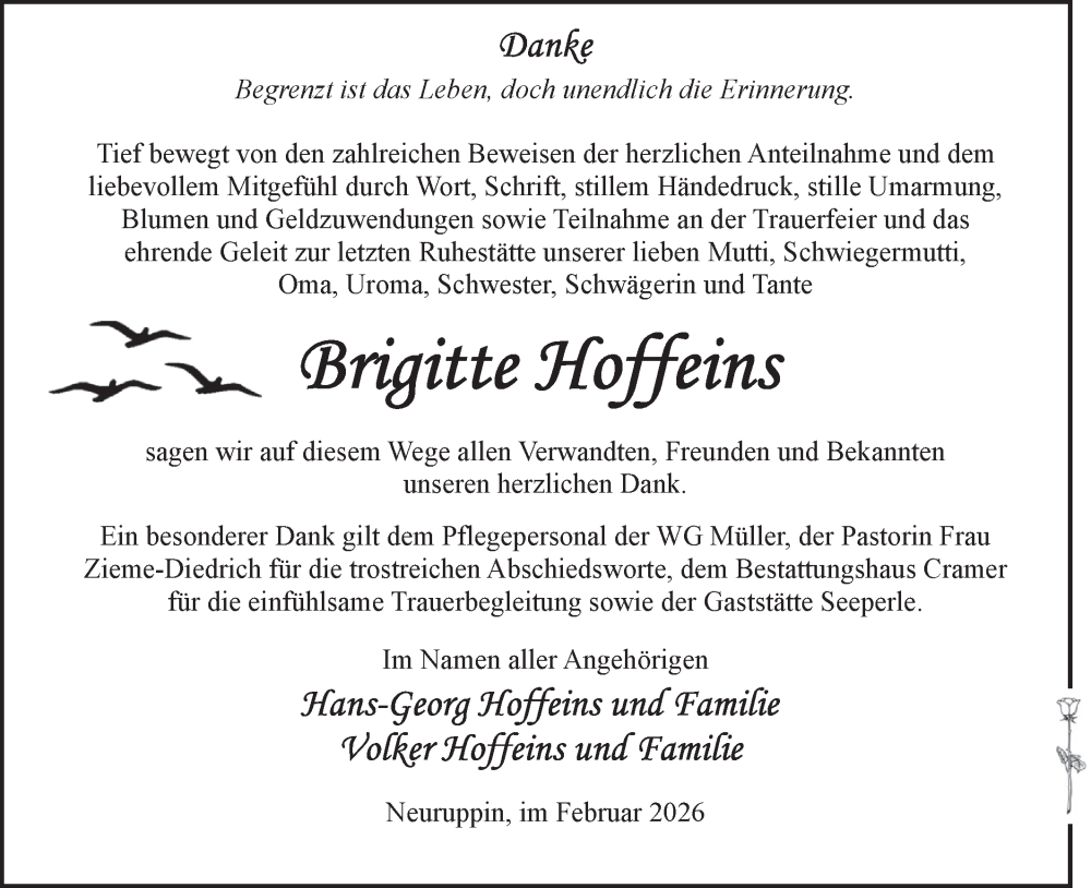  Traueranzeige für Brigitte Hoffeins vom 14.02.2026 aus Märkische Oderzeitung