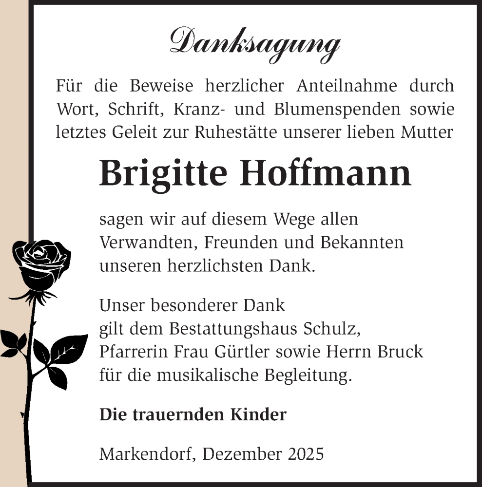  Traueranzeige für Brigitte Hoffmann vom 14.02.2026 aus Märkische Oderzeitung