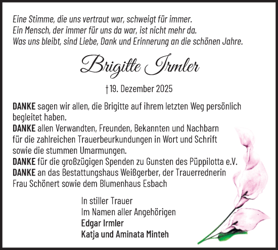Traueranzeige von Brigitte Irmler von Märkische Oderzeitung