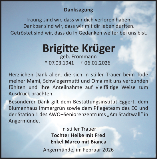 Traueranzeige von Brigitte Krüger von MO Uckerm.-Anz.
