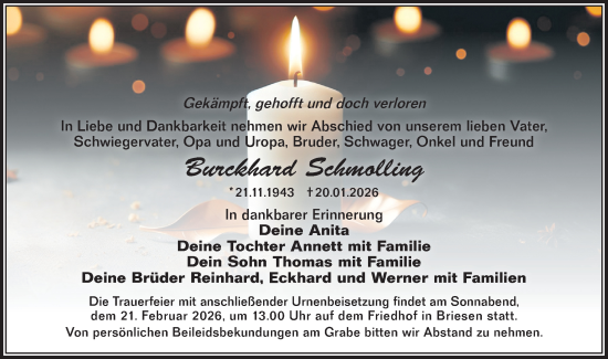 Traueranzeige von Burckhard Schmolling von Märkische Oderzeitung