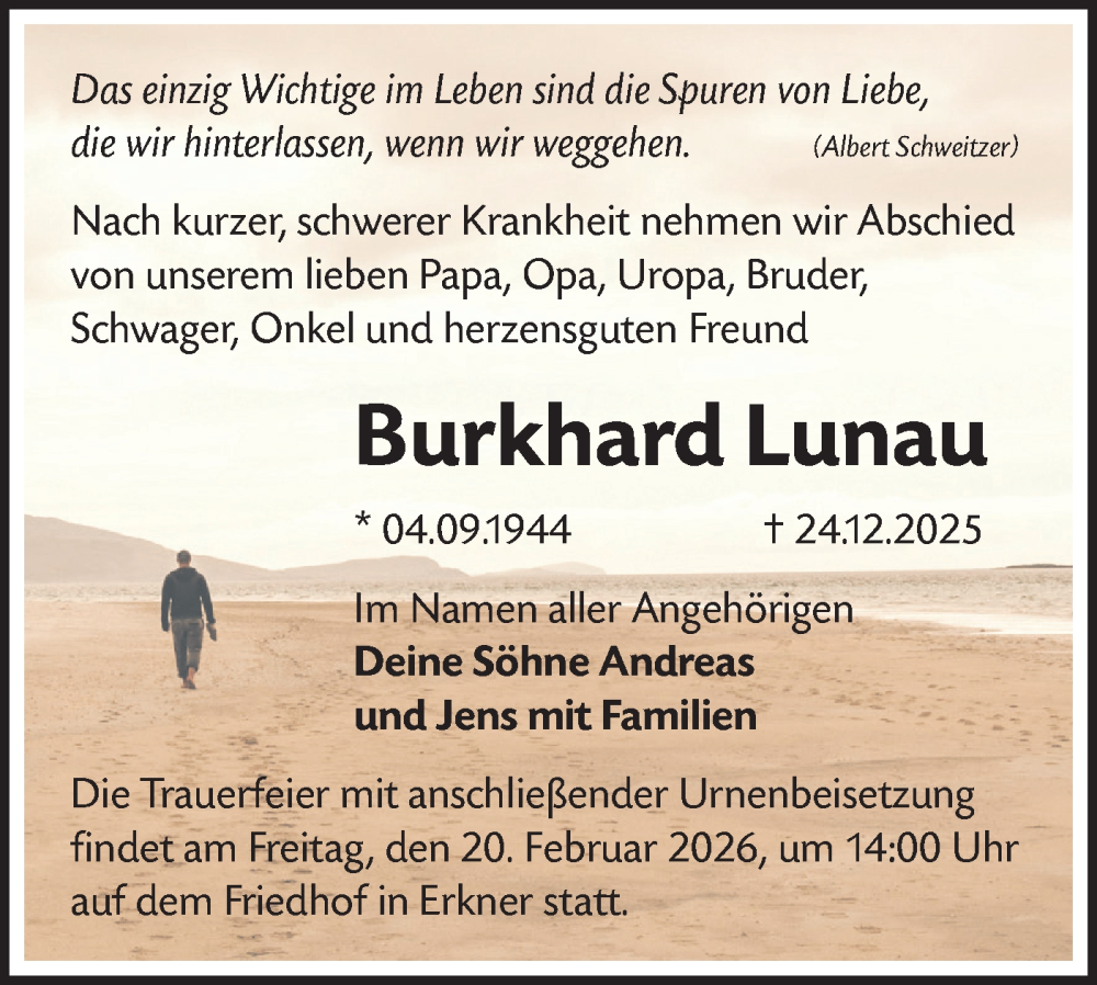  Traueranzeige für Burghard Lunau vom 07.02.2026 aus Märkische Oderzeitung