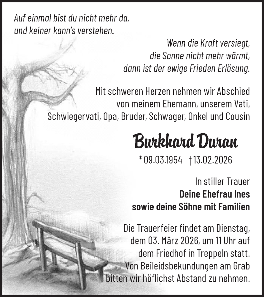  Traueranzeige für Burkhard Duran vom 21.02.2026 aus Märkische Oderzeitung