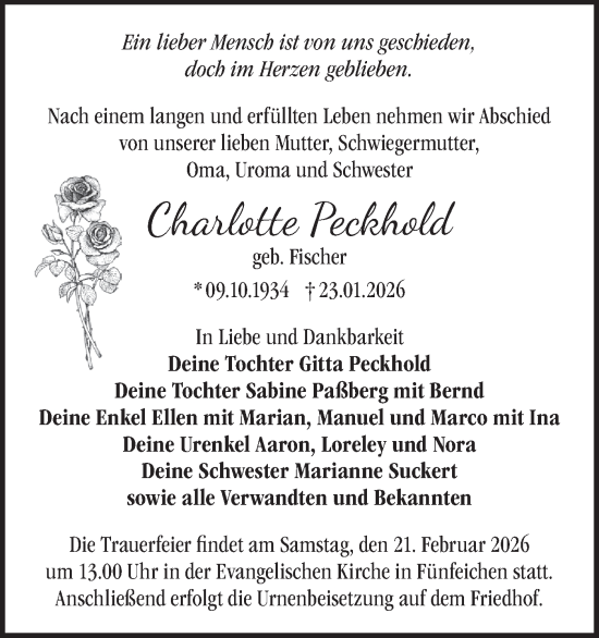 Traueranzeige von Charlotte Peckhold von Märkische Oderzeitung
