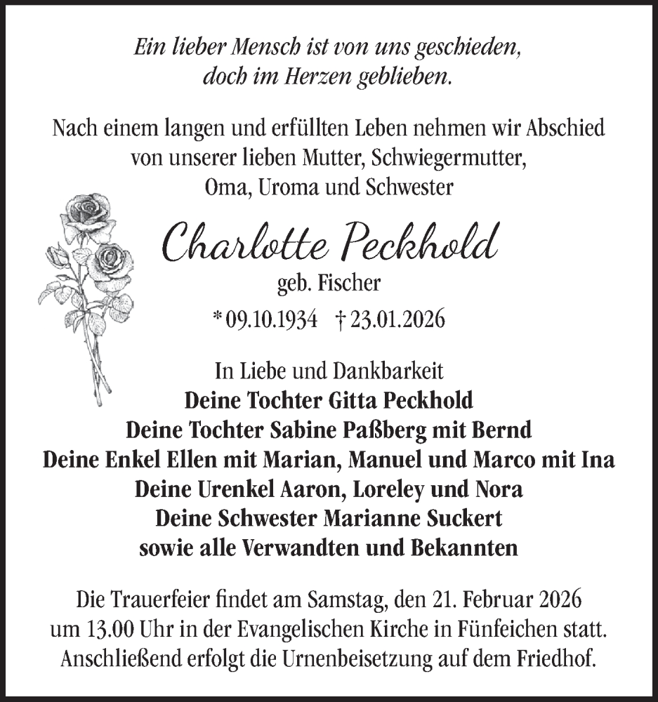  Traueranzeige für Charlotte Peckhold vom 07.02.2026 aus Märkische Oderzeitung