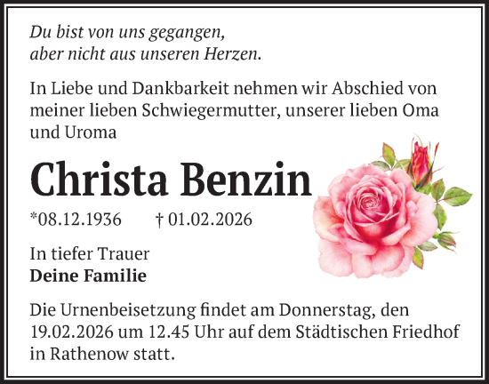Traueranzeige von Christa Benzin von Märkische Oderzeitung