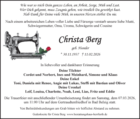 Traueranzeige von Christa Berg von Märkische Oderzeitung