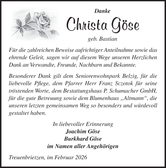 Traueranzeige von Christa Göse von Blickpunkt Jüterbog/Luckenwalde