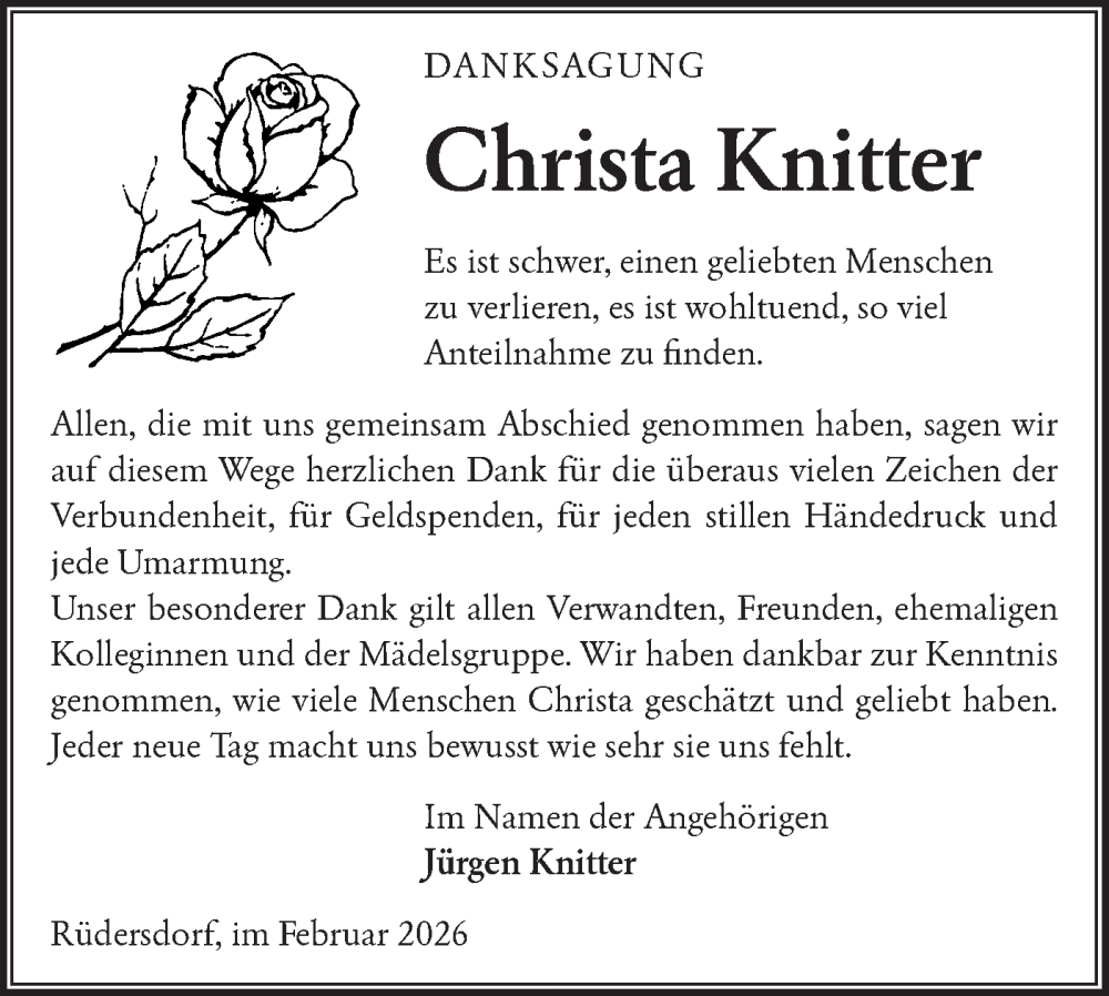  Traueranzeige für Christa Knitter vom 13.02.2026 aus Märkische Oderzeitung