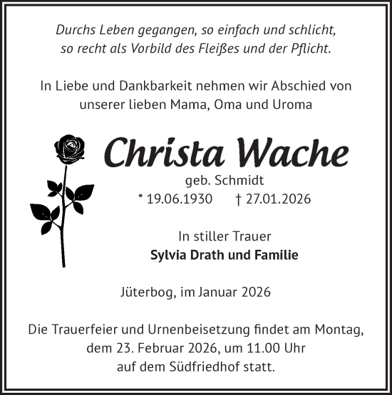 Traueranzeige von Christa Wache von Blickpunkt Jüterbog/Luckenwalde