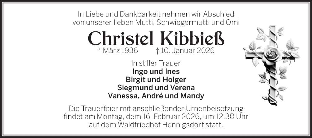  Traueranzeige für Christel Kibbieß vom 07.02.2026 aus Märkische Oderzeitung