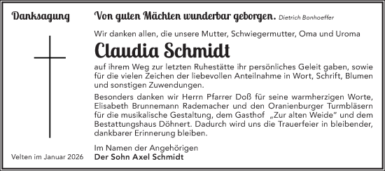 Traueranzeige von Claudia Schmidt von Märkische Oderzeitung