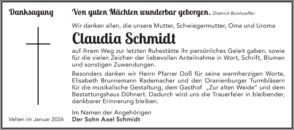  Traueranzeige für Claudia Schmidt vom 07.02.2026 aus Märkische Oderzeitung