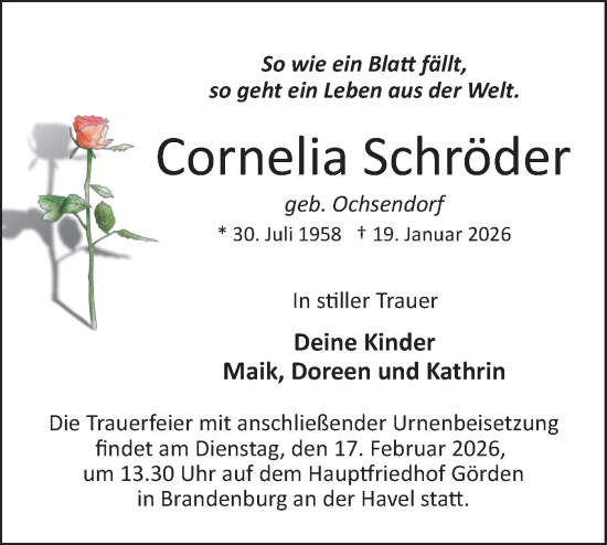 Traueranzeige von Cornelia Schröder von Märkische Oderzeitung