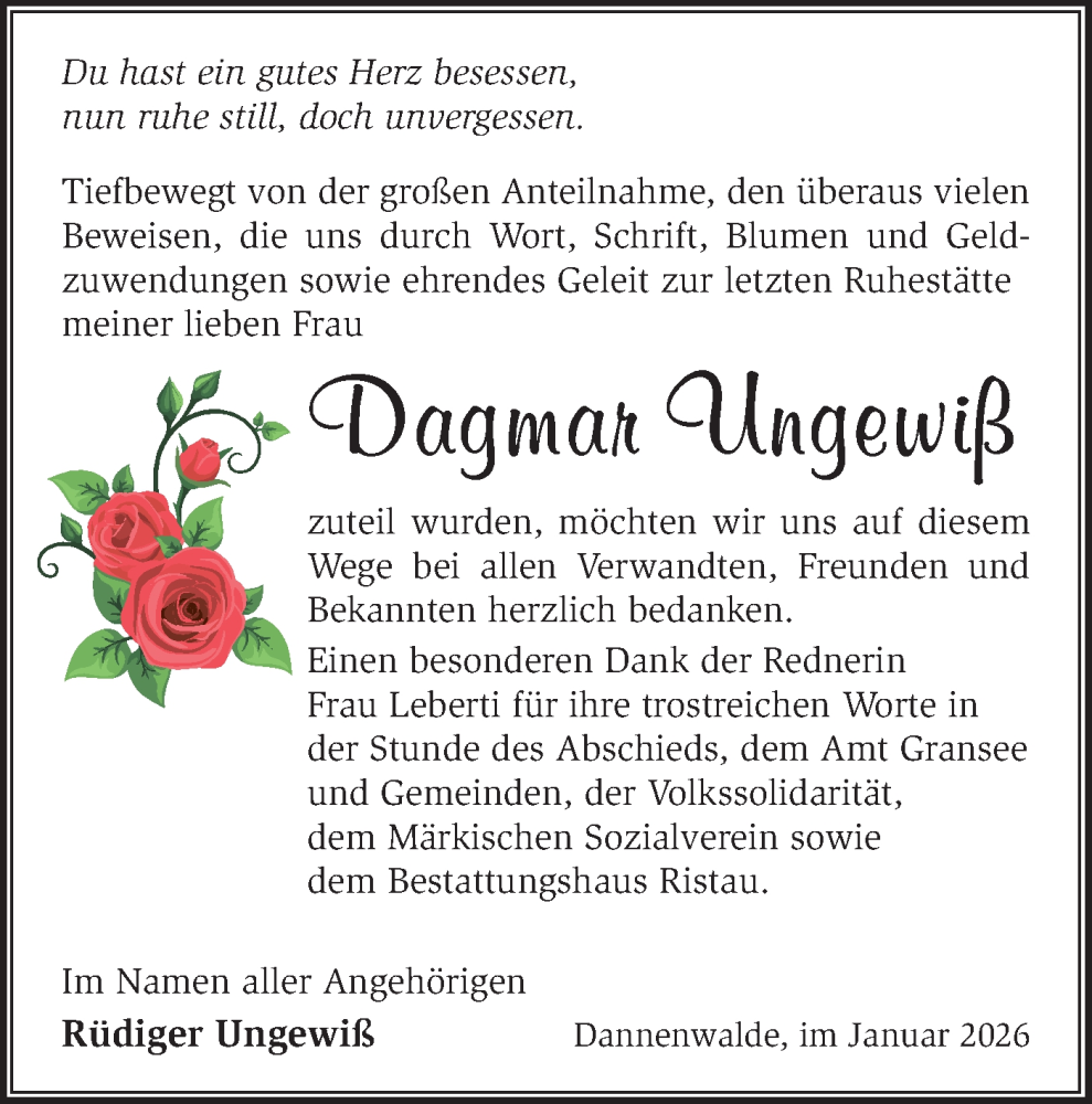  Traueranzeige für Dagmar Ungewiß vom 07.02.2026 aus Märkische Oderzeitung