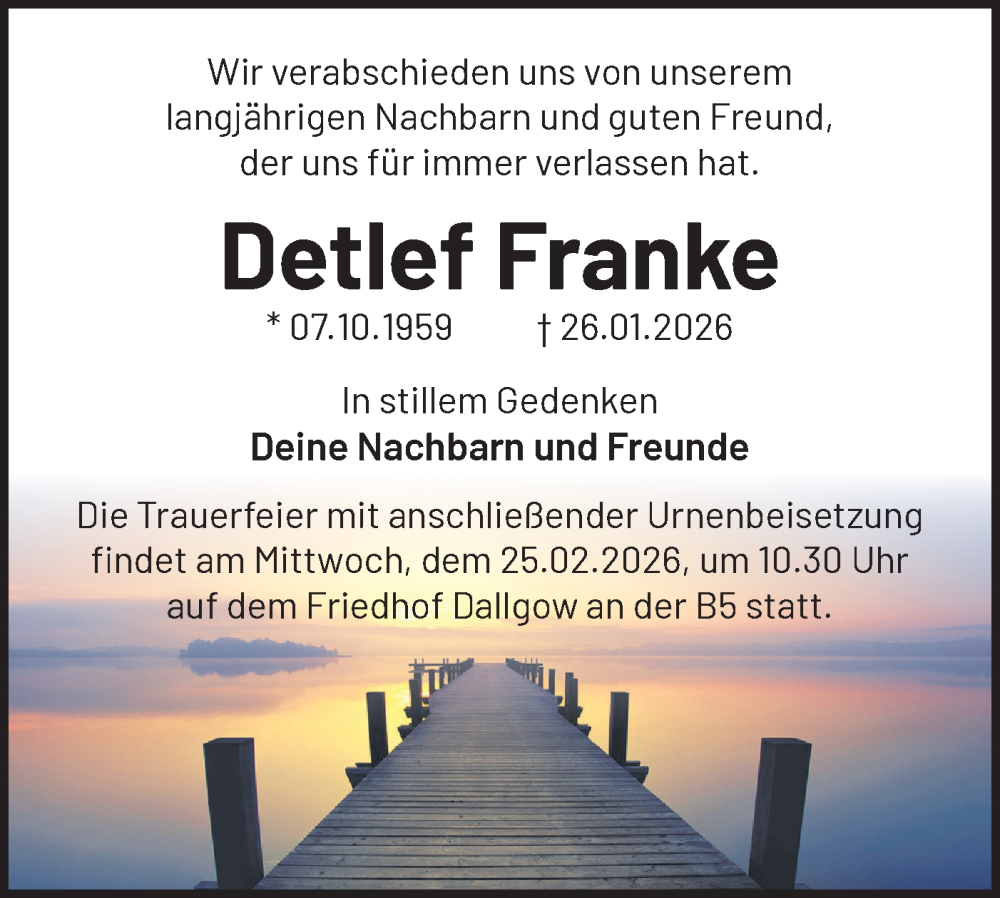  Traueranzeige für Detlef Franke vom 07.02.2026 aus Märkische Oderzeitung