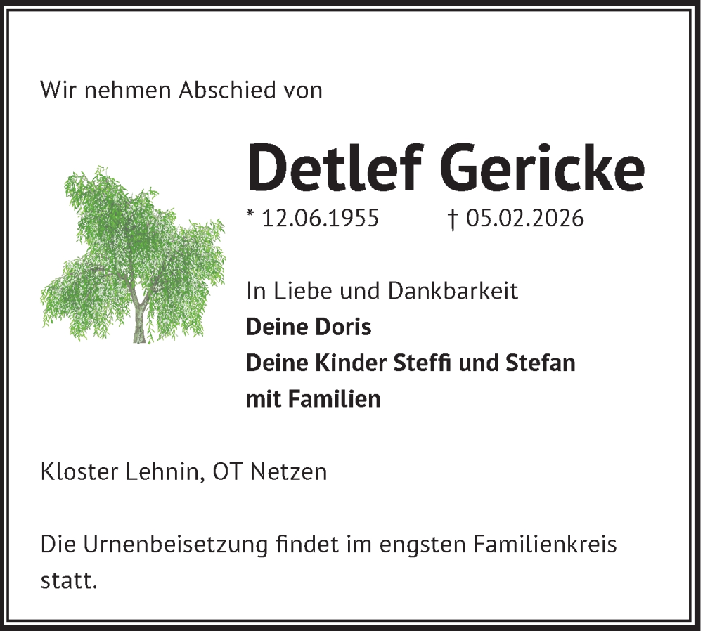  Traueranzeige für Detlef Gericke vom 14.02.2026 aus Märkische Oderzeitung