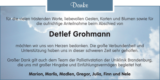 Traueranzeige von Detlef Grohmann von Märkische Oderzeitung
