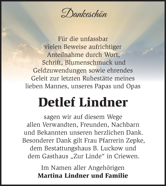 Traueranzeige von Detlef Lindner von MO Uckerm.-Anz.
