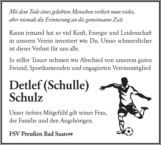 Traueranzeige von Detlef Schulz von Märkische Oderzeitung