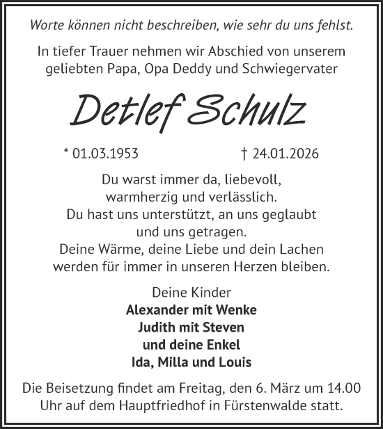 Traueranzeige von Detlef Schulz von Märkische Oderzeitung