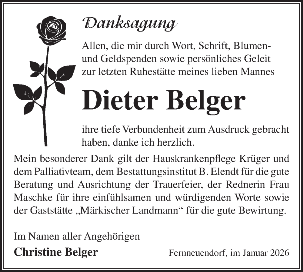 Traueranzeige für Dieter Belger vom 14.02.2026 aus Blickpunkt Ludwigsfelde/Zossen