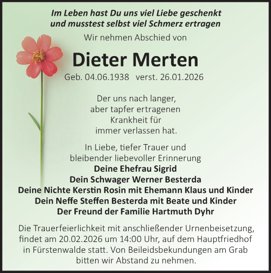 Traueranzeige von Dieter Merten von Märkische Oderzeitung