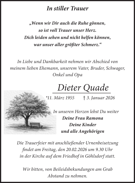 Traueranzeige von Dieter Quade von Märkische Oderzeitung
