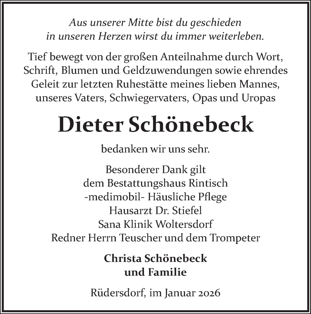  Traueranzeige für Dieter Schönebeck vom 07.02.2026 aus Märkische Oderzeitung