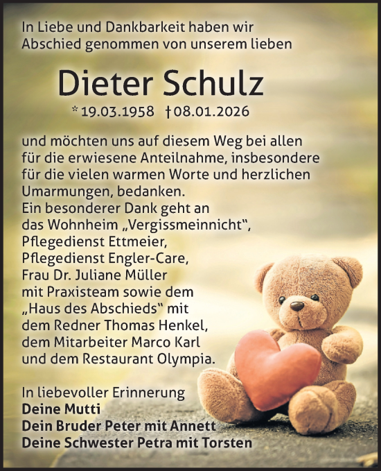 Traueranzeige von Dieter Schulz von Märkische Oderzeitung