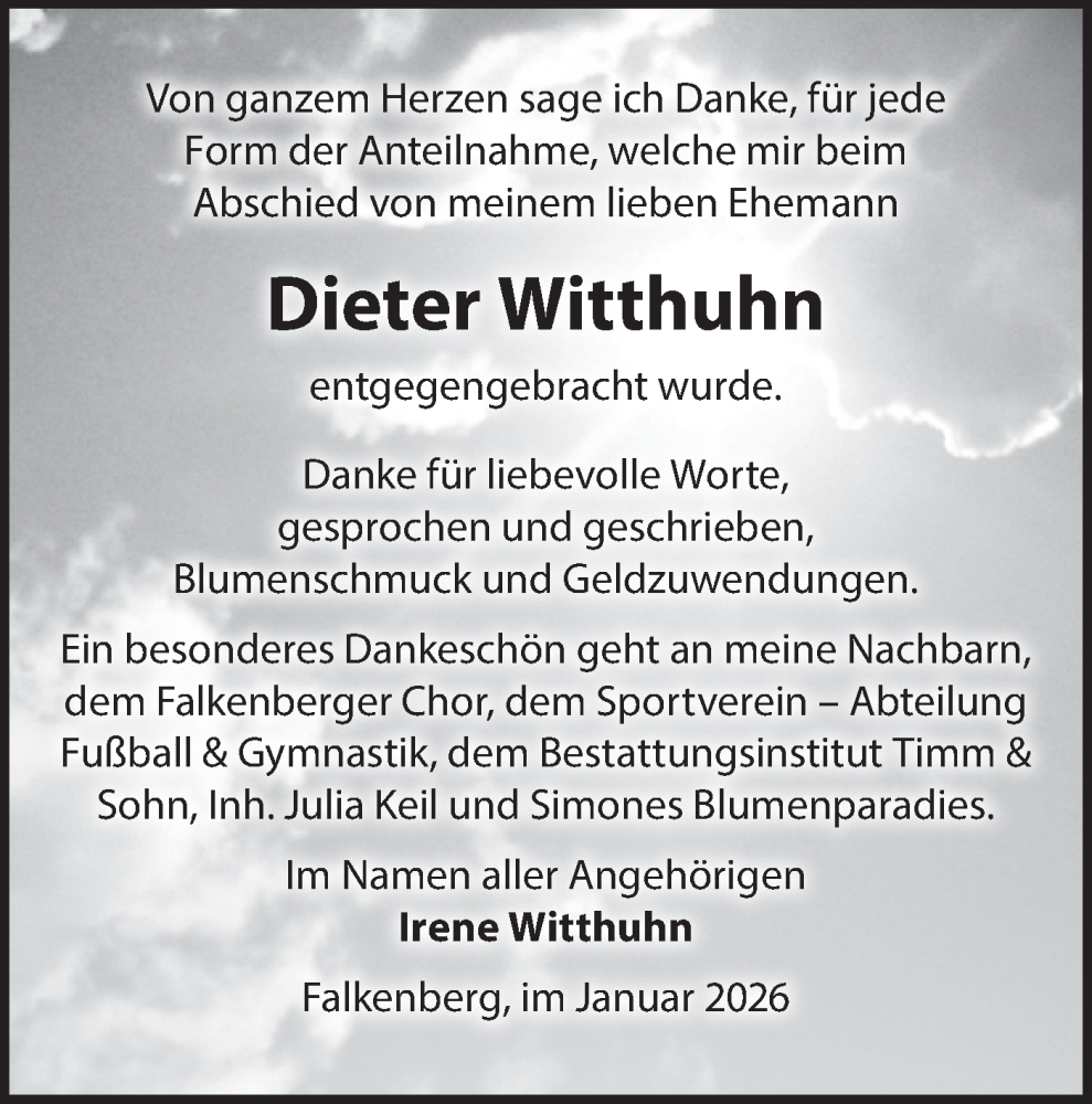  Traueranzeige für Dieter Witthuhn vom 13.02.2026 aus MO Oderld.-Echo