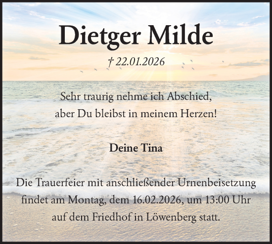 Traueranzeige von Dietger Milde von Märkische Oderzeitung