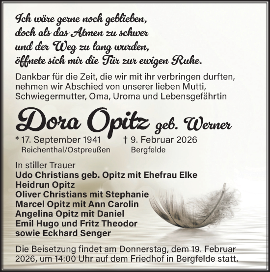 Traueranzeige von Dora Opitz von Märkische Oderzeitung