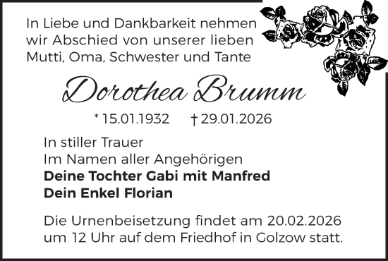 Traueranzeige von Dorothea Brumm von MO Oderld.-Echo