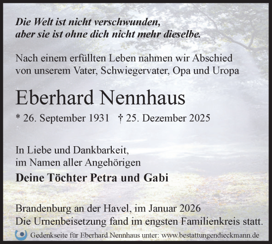 Traueranzeige von Eberhard Nennhaus von Märkische Oderzeitung