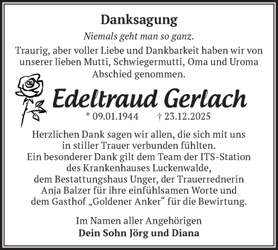 Traueranzeige von Edeltraud Gerlach von Blickpunkt Jüterbog/Luckenwalde