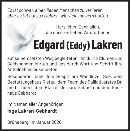 Traueranzeige von Edgard Lakren von Märkische Oderzeitung