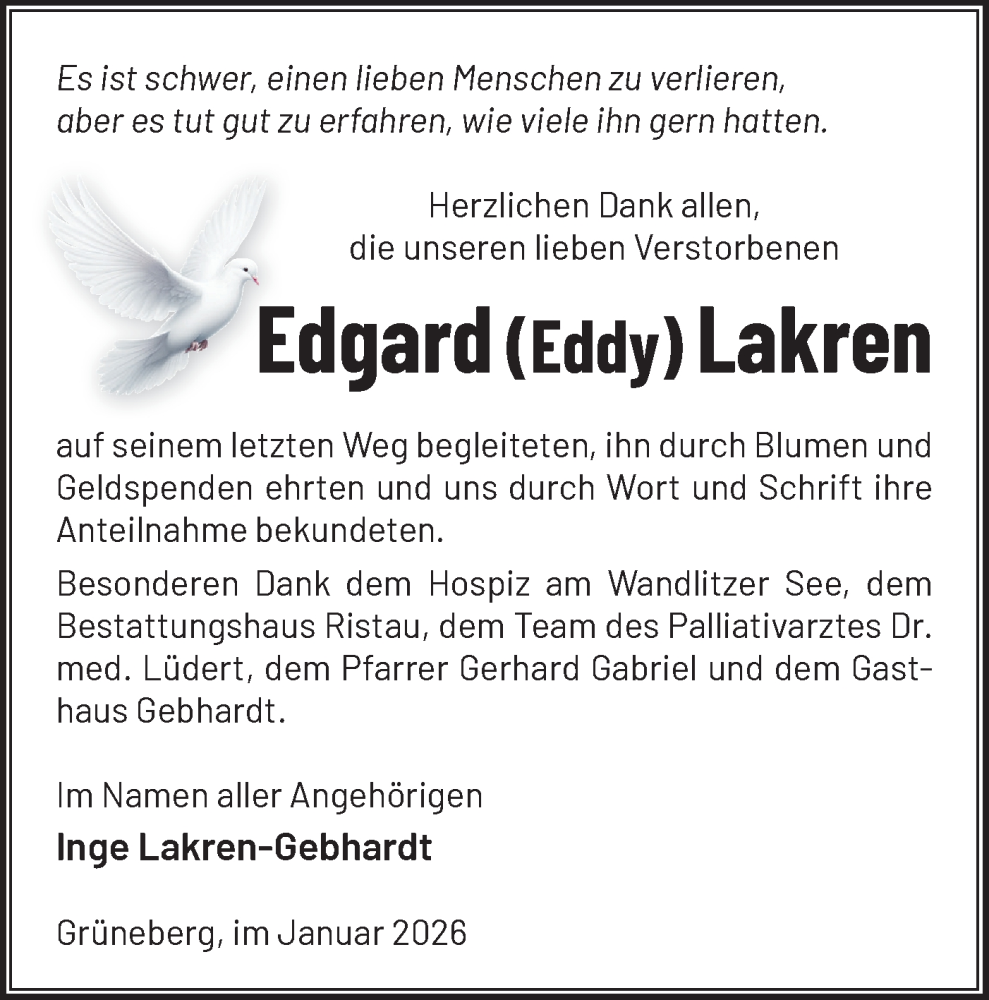  Traueranzeige für Edgard Lakren vom 14.02.2026 aus Märkische Oderzeitung