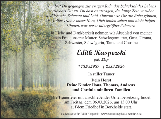 Traueranzeige von Edith Kasperski von Märkische Oderzeitung