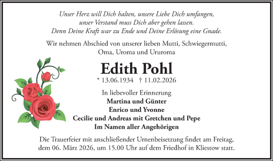 Traueranzeige von Edith Pohl von Märkische Oderzeitung