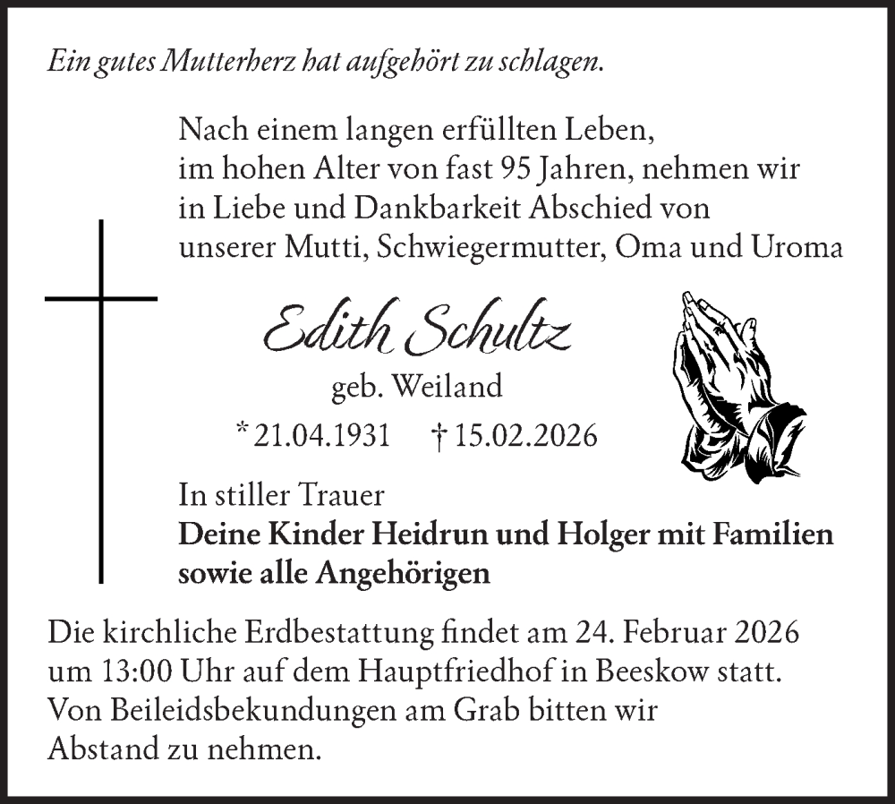  Traueranzeige für Edith Schultz vom 21.02.2026 aus Märkische Oderzeitung