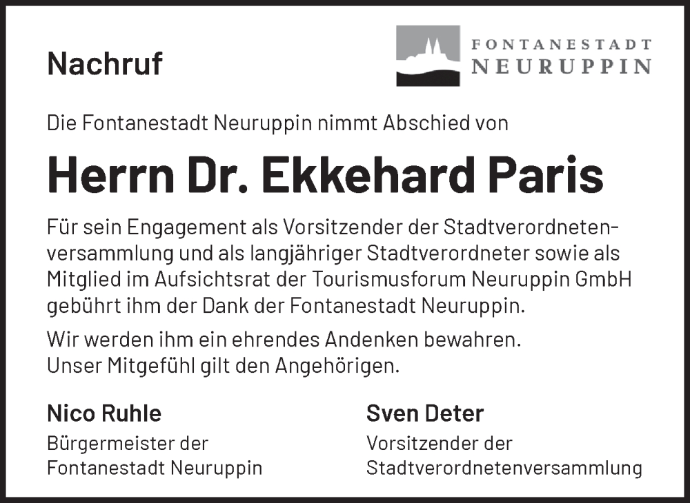  Traueranzeige für Ekkehard Paris vom 13.02.2026 aus Märkische Oderzeitung