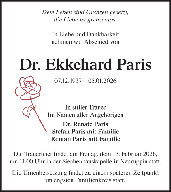 Traueranzeige von Ekkehard Paris von Märkische Oderzeitung
