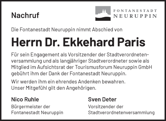 Traueranzeige von Ekkehard Paris von Märkische Oderzeitung